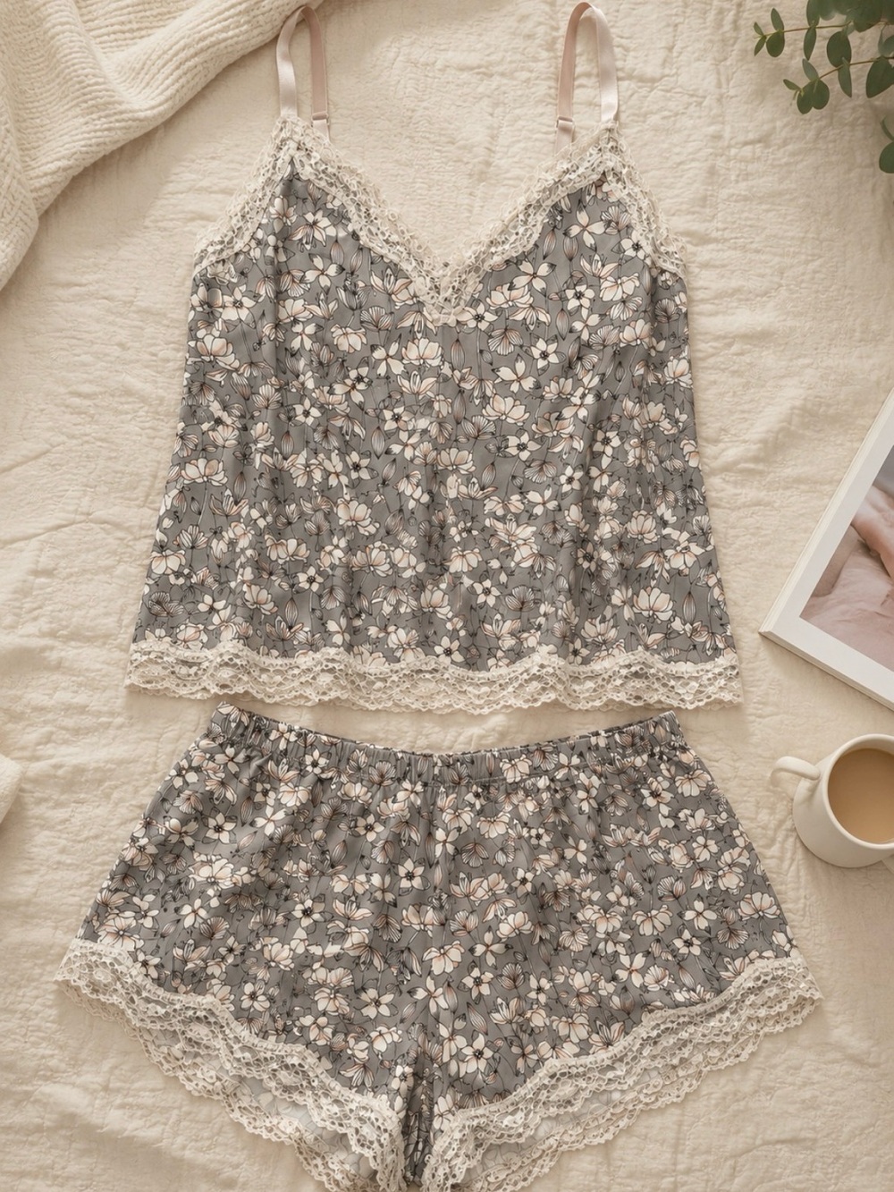 Women’s Floral Lace-Trim Sleep Set - Gray